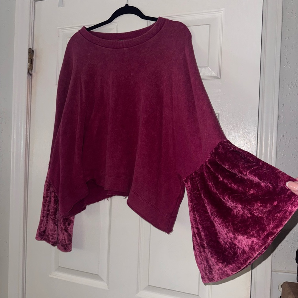 Free People Burgundy Velvet Sleeve Sweatshirt